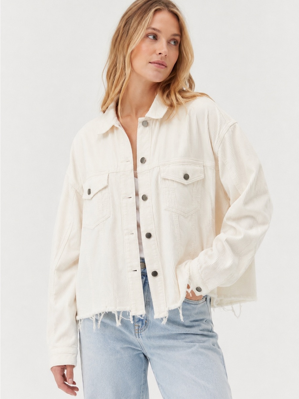 POL Clothing Off White Corduroy Distressed Frayed Raw Hem Trucker Jacket Large - Picture 1 of 14